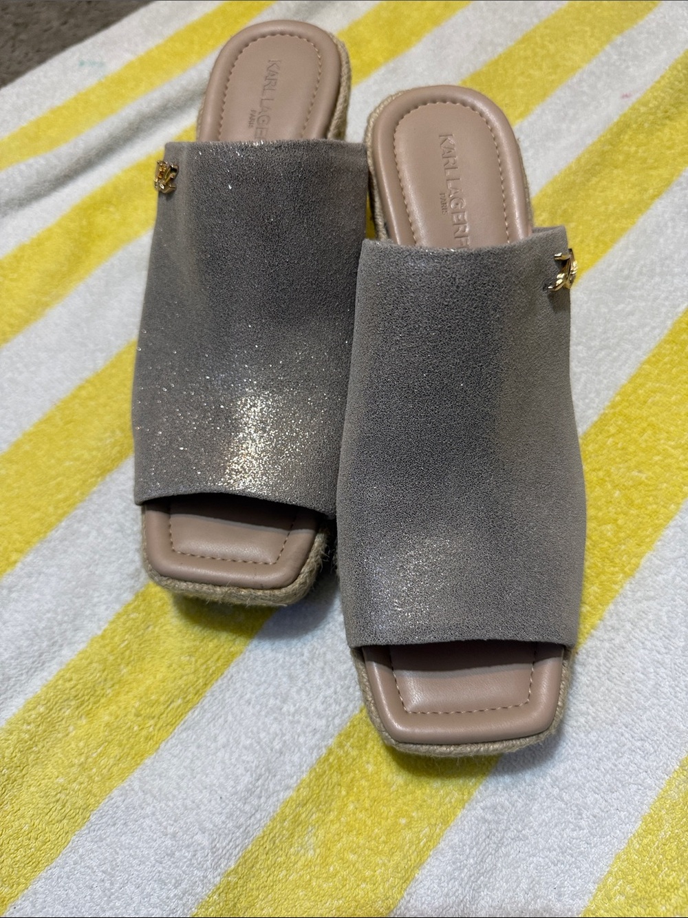 Karl Lagerfeld Taupe Gray Suede Slide Mules with Subtle Sparkle